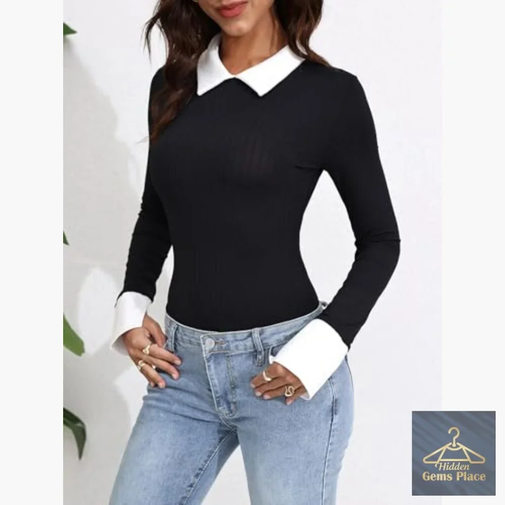Long Sleeve Bodysuit Top with Keyhole Back and Doll Collar
